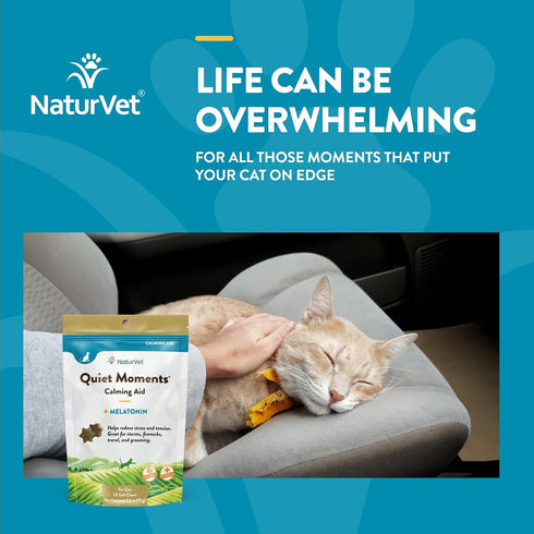 NaturVet Quiet Moments Calming Aid Cat Supplement Plus Melatonin - Reduces Stress in Cats, 50 Ct. Soft Chews