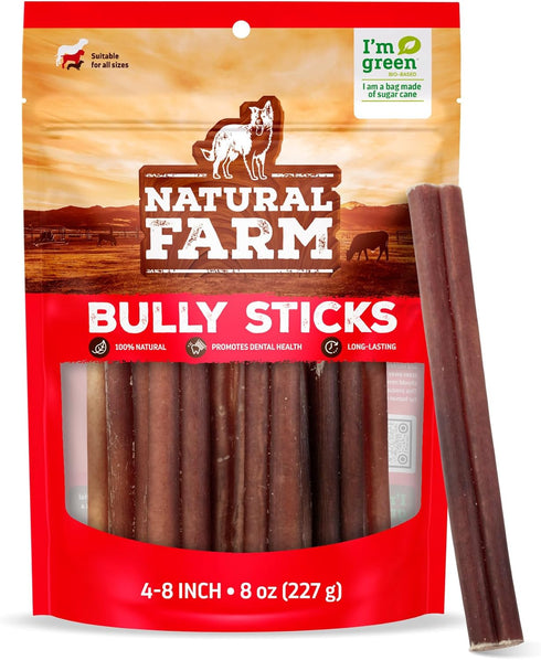 Natural Farm Odor-Free Bully Sticks (4-8, 8oz) All-Natural Long-Lasting Chews, 100% Beef