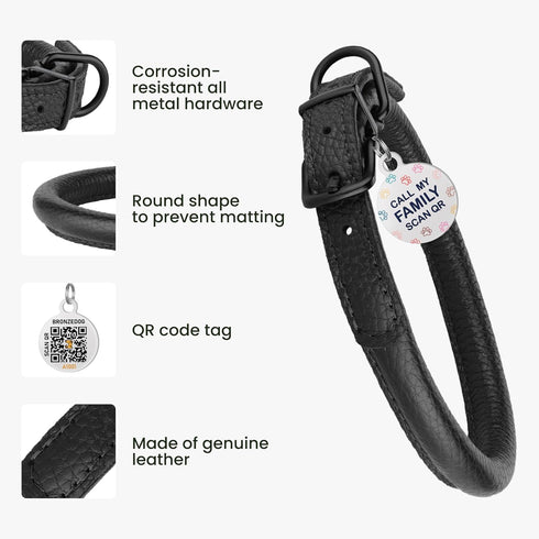 Soft Round Rolled Leather Dog Collar with ID Tag for Small Medium Large Dogs (14-17 inch, Black Midnight & Black Buckle)