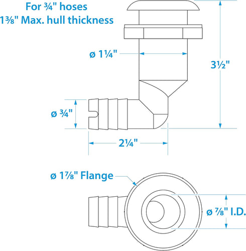 Seachoice 90-Degree Thru-Hull Connector, Fits 3/4 In. ID Hose, 1-3/8 In. Max Hull, White