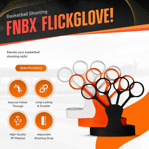 FNBX FlickGlove Basketball Shooting Aid, Training Equipment Set of 3 Silicone Strap Resistances, White, Black, Orange