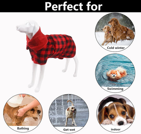 Geyecete Dog Drying Coat, Microfibre Fast Drying Bathrobe Towel, Luxuriously Soft for Pets, Red Black Grid-XXL