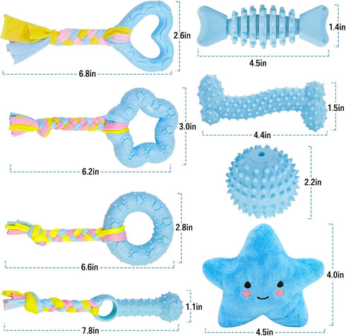 Puppy Toys, 8 Pack Teething Chew Toys Set, Cute Blue Soft Durable Interactive Toys for Small Dogs