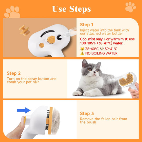 3-in-1 Set Pet Steam Brush for Dogs & Cats, Grooming Comb with Spray, Defur Tool, Water-Assisted Hair Removal, Gentle