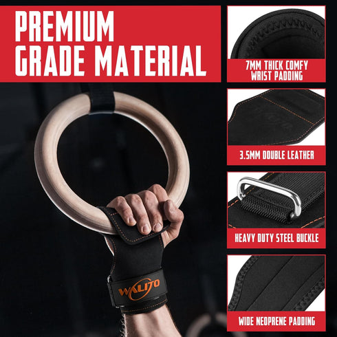 WALITO Double Layer Leather Wrist Straps for Weightlifting, Adjustable Neoprene Padded for Gym Deadlift and Powerlifting