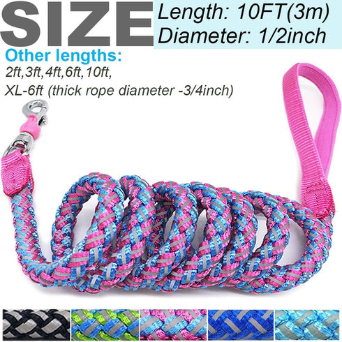 Reflective Dog Leash, Strong Nylon Rope Braided Heavy Duty for Large and Medium Dogs, 10ft, Pink