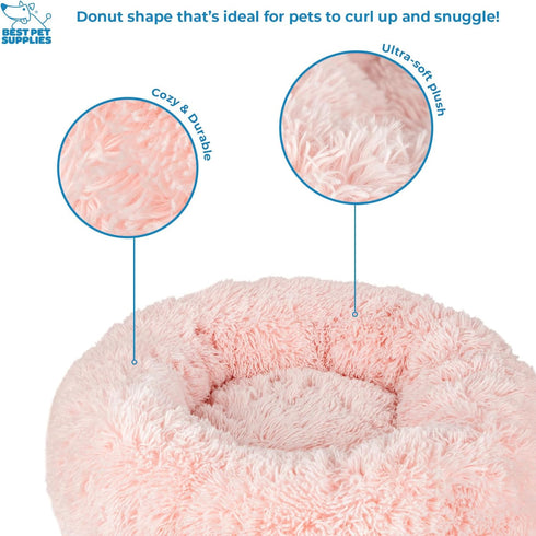Best Pet Supplies Round Donut Dog Bed, Plush Faux Fur Anti-Anxiety Cushion for Indoor Pets, Slip-Resistant Base, Pink,