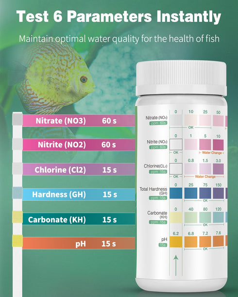 Pawfly 6 in 1 Aquarium Test Strips, 100 Strips for pH, Chlorine, Nitrate, Nitrite, and Hardness