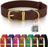 BRONZEDOG Leather Dog Collar with Metal Buckle, Durable Basic Pet Collars, Dark Brown & Gold