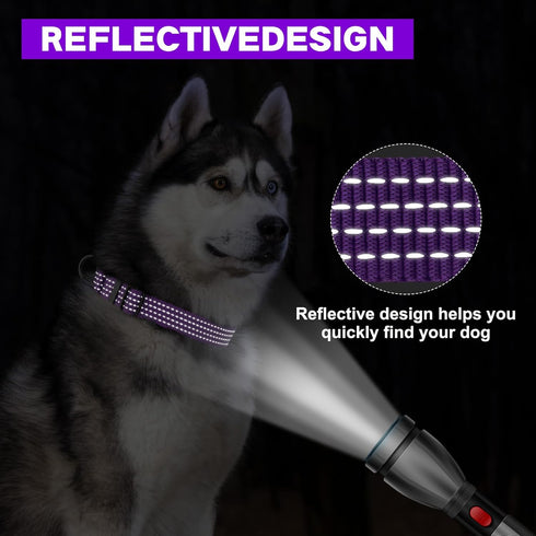 Adjustable Martingale Dog Collars, Reflective Nylon No Pull Choker Collar for Medium Large Dogs (L, Purple)