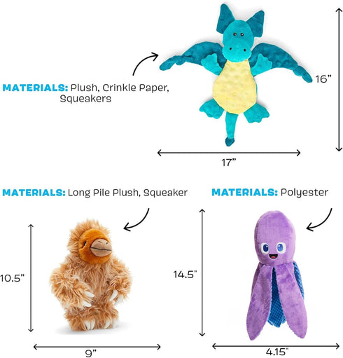 Barkbox Best of BarkBox Bundle - Squeaky Plush Chew Toys for Medium and Large Dogs, Gordon, Dingbert, Ollie