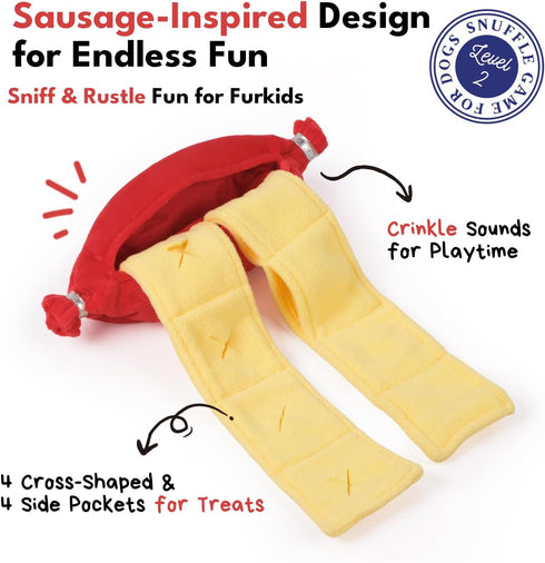 CHEWFFON Interactive Snuffle Sausage Dog Toy, Crinkle Puzzle Enrichment Toy with Treat Pockets, Nose Work Toy