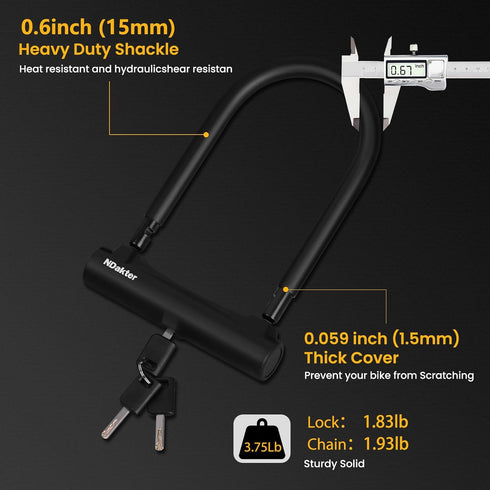 NDakter Heavy Duty Motorcycle U Lock with 4FT Chain, 15mm Shackle, Anti Theft Electric Bicycle Lock, 3 Keys