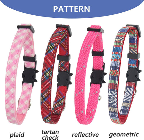 Pet's Company 4 Pack Adjustable Breakaway Cat Collar with Bell, Cute Pattern Collars for Kittens (Pink, 7-11 Inches)