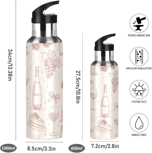 Wassud 22 oz Water Bottle Rose Wine Bottles Stainless Steel Sport Water Bottle with Straw Insulated Water Bottles