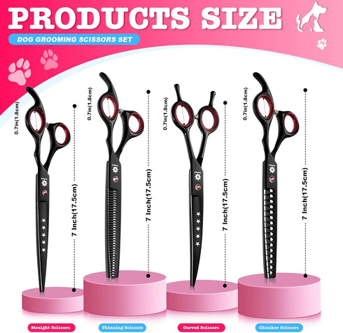 7" 6 1 Set Dream Reach Dog Grooming Scissors - Professional in Sharp Dog Shears Thinning, Chunker, Straight, Curved