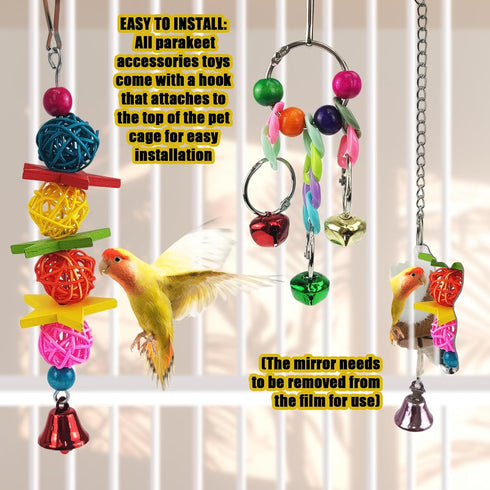 Parakeet Toys, 7 Pcs Colorful Bird Toys for Pet Bird Cage, Hammock, Swing, Chewing Toy, Mirror, Perch