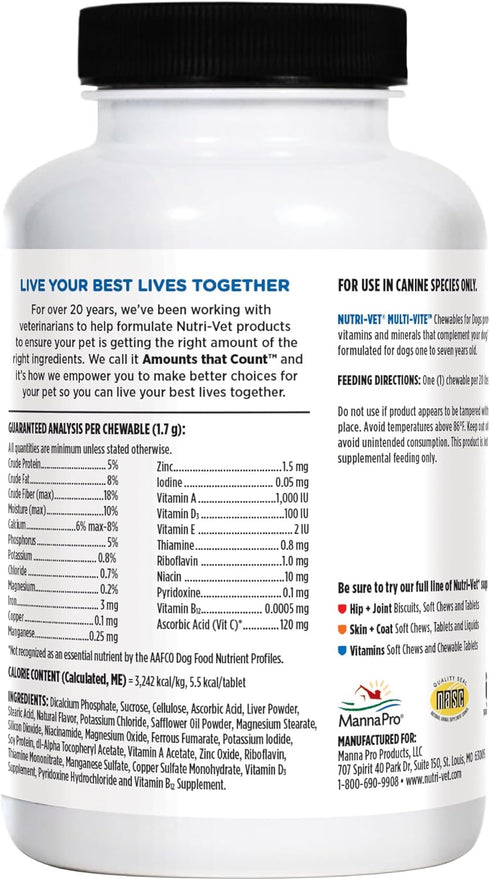 Immune 180 Count Nutri-Vet Multi-Vite Chewables for Adult Dogs, Daily Multivitamin & Mineral Supplement for Overall