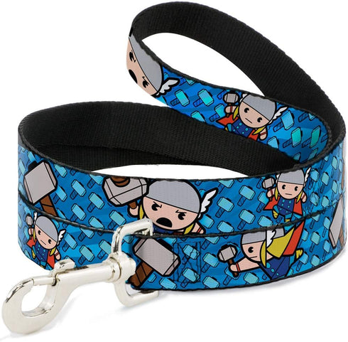 Buckle-Down Pet Leash - Kawaii Thor Poses/Hammer Monogram, Blues, 4 Feet Long, 1/2" Wide
