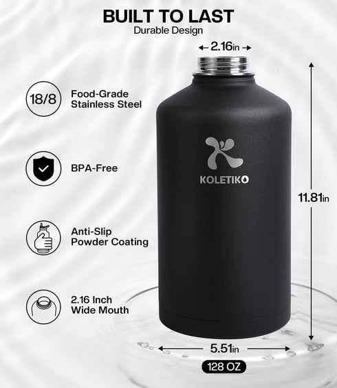One Gallon Insulated Water Bottle, Vacuum Stainless Steel, 128 oz Leak Proof Jug with Paracord Handle