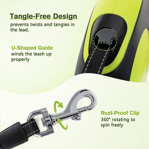 Pecute 16 ft Retractable Dog Leash with Light, 360° Tangle-Free Nylon Leash for Medium Large Dogs up to 66lbs