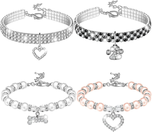 4 Pcs Pearl Dog Collar Necklaces, Rhinestones Adjustable Set for Small Dogs & Cats, Crystal Pet Jewelry