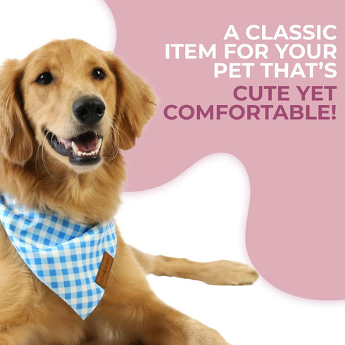 Luxury Dog Bandanas - Premium Silky Fabric Puppy Bandanas, 100% Handmade Quality, Custom Shape, Blue Checkers, Large