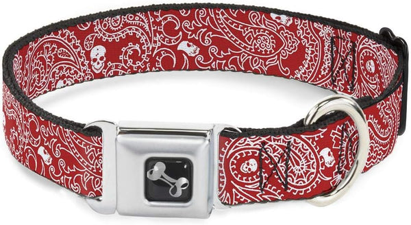 Buckle-Down Medium Dog Collar, Bandana/Skulls Red/White, 1" Wide, Fits 11-17" Neck