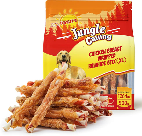 Jungle Calling Dog Treats, 35-Count Natural Chicken Wrapped Rawhide Sticks for Small