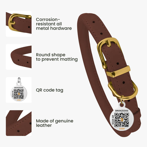 BronzeDog Rolled Leather Dog Collar with QR ID Tag - Adjustable Soft Round Collars for Small Medium Large Dogs Puppy