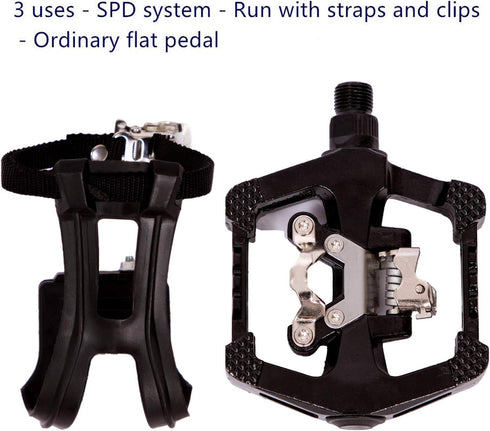 YBEKI SPD Pedals, Hybrid Pedal with Toe Clip & Straps, Suitable for Spin Bike & Indoor Exercise Bikes