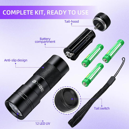 12 UV Flashlight Black LightSmall Portable Mini LED Blacklight Flashlight for Hidden Stain Detection in Room, Resin