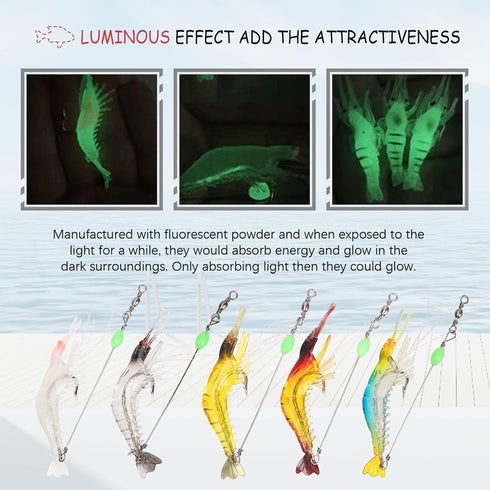 Hilitchi 15 Pcs Soft Shrimp Lures, Luminous Artificial Fishing Bait for Freshwater Trout, Bass, Salmon