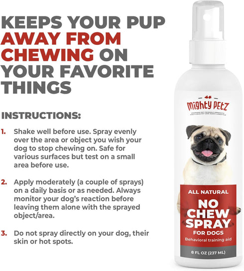 Mighty Petz No Chew Spray for Dogs, 8oz. Bitter Apple Dog Repellent, Natural Ingredients, Safe on All Surfaces