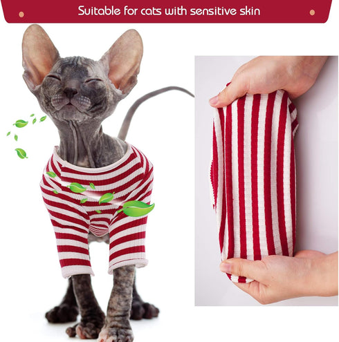 DENTRUN Hairless Cats Shirt, Breathable Daily Wear Clothes, Stripe Vest, Adorable Pajamas Jumpsuit