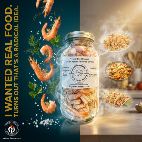 31-40 200 2 Lbs Packaging 25 Large Half Gallon Jar Freeze-Dried -COOKED- Tail-on Deveined Shrimp | With shrimp per