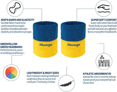 Muztaga Sports Wristbands for Men & Women - Blue & Yellow Two-Tone Soft Breathable Terry Cloth | Moisture Wicking
