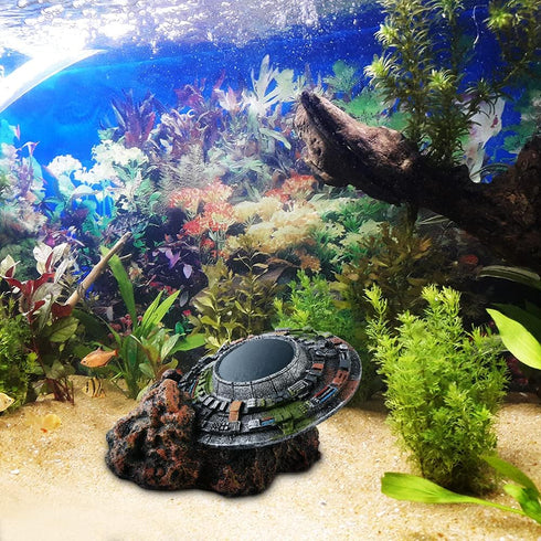 Creative UFO Aquarium Decorations - Medium Fish Tank Decor Aquatics Cave for Micro Flying Saucer Landscaping