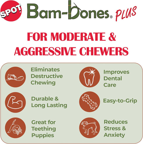 SPOT Bam-Bones Plus Branch - Durable Dog Chew for Aggressive Chewers, Bamboo Fiber & Nylon, 5.75in, Beef Flavor, Great