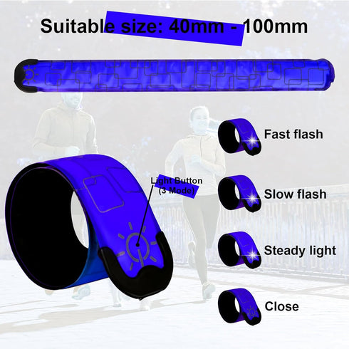 LED Safety Wristband Lights - 2 Pack Rechargeable Light Up Arm Ankle Band Kids Magic Slap Glow Bracelets Reflective Belt High Visibility for Night Cycling Walking Joggers Running Gear