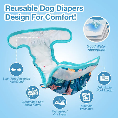 3 Pack Pet Soft Female Dog Diapers - Washable Dress-Style Dog Diapers Female for Girl Dogs in Heat - Reusable Doggy