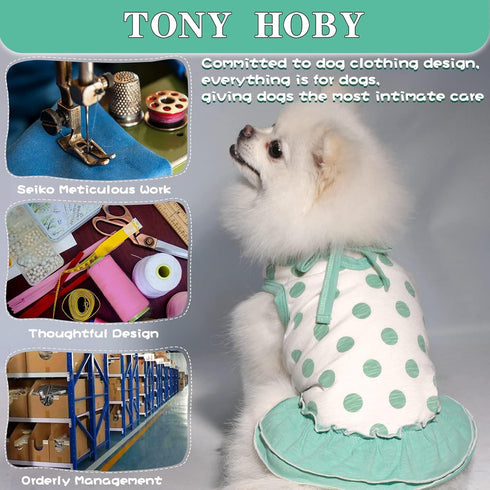 TONY HOBY Summer Dog Dress - Soft Party Dress with Polka Dots for Small Medium Dogs, White & Green