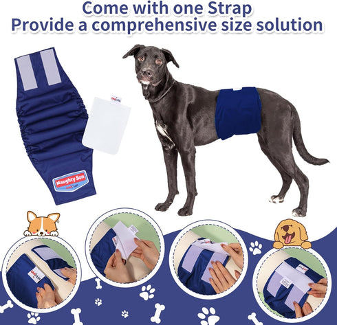 Male,Pack 3 U-DM08XS, Washable Dog Diapers of High Absorbing Male Dog Diapers & Adjustable Strap Reusable Male Puppy