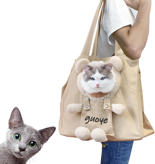Bear-Shaped Pet Canvas Shoulder Bag, Khaki Bear-Large, Pet Out Bag for Dogs and Cats