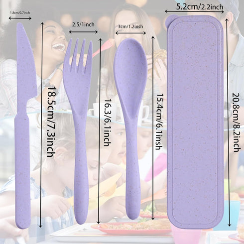 Reusable Utensils Set with Case, Portable Wheat Straw Cutlery Set, BPA-Free Knife Spoon Fork for Travel (Purple, 1)