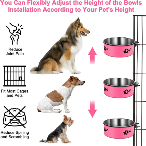 2 Pack Mountable Stainless Steel Kennel Bowls for Dogs, No Spill Hanging Water Bowls with Clamp Holder (Hot Pink)