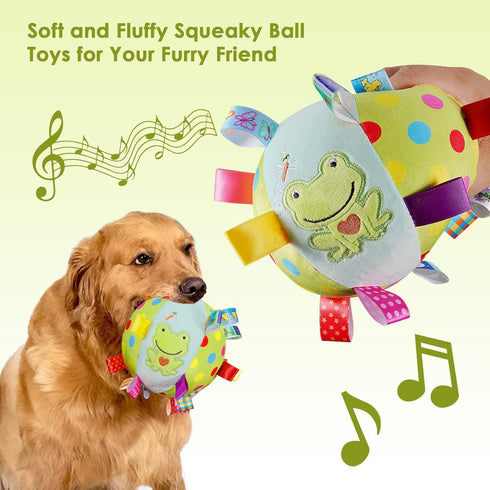 Dog Squeaky Plush Ball Toy with Straps, 6 Inches Soft Stuffed Ball with Cotton Material and Bell for Fetch