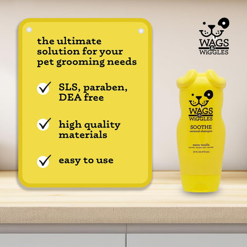 Wags & Wiggles 16 Oz Soothe Oatmeal Dog Shampoo - Warm Vanilla Scent, pH-Balanced Colloidal Oatmeal Formula for Dogs