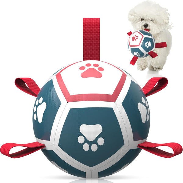 Dog Toys Soccer Ball with Straps, Outdoor Interactive Tug of War Toy for Small Dogs, Blue & Red, 5 Inch