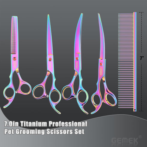 7.0in Set, 6 1 Titanium Professional Pet Grooming Scissors GEMEK in Straight & Thinning & Upwards Curved & Downwards